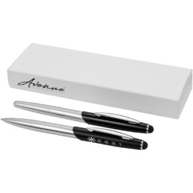 Geneva stylus ballpoint pen and rollerball pen set (blue ink) – Silver with logo