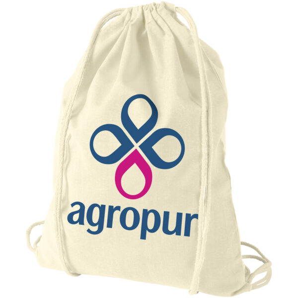 Oregon 100 g/m² cotton drawstring bag 5L – Natural with logo