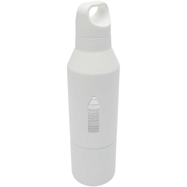 Odessy 600 ml RCS certified recycled stainless steel insulated bottle with 300 ml cup – White with logo