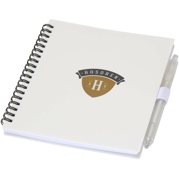 Niove recycled plastic soft cover notebook and ballpoint pen set (blue ink) – White with logo
