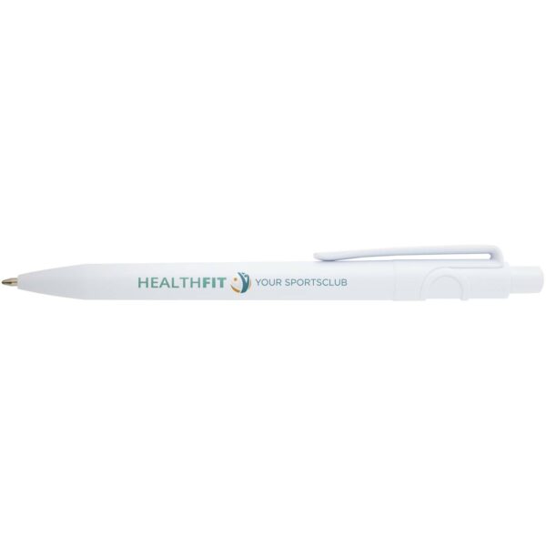 Unica recycled plastic ballpoint pen (blue ink) – White with logo