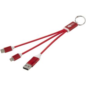 Metal 4-in-1 recycled aluminium charging cable with keychain – Red with logo