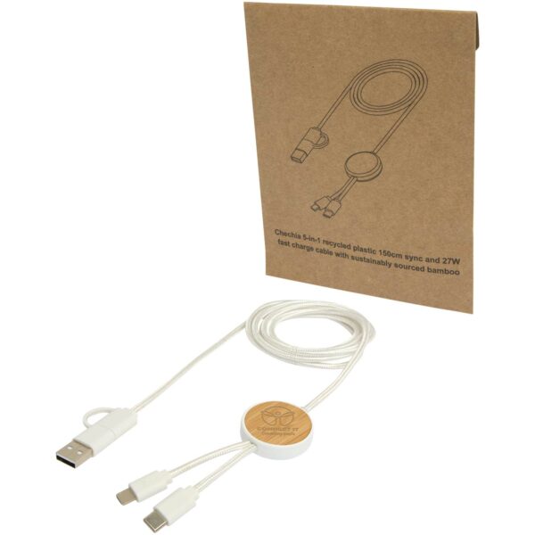 Chechia 5-in-1 recycled plastic 150 cm data sync and 27W fast charge cable with bamboo details – White with logo