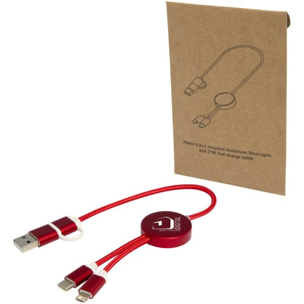 Alasia 5-in-1 recycled aluminium and plastic 30 cm data sync and 27W fast charge cable – Red with logo
