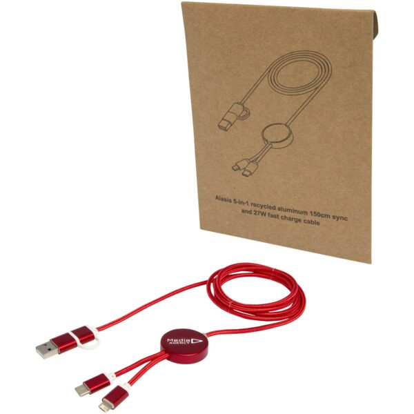 Alasia 5-in-1 recycled aluminium and plastic 150 cm data sync and 27W fast charge cable – Red with logo