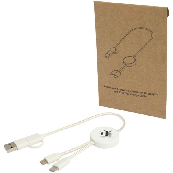 Citala 5-in-1 recycled plastic 30 cm data sync and 27W fast charge cable – White with logo