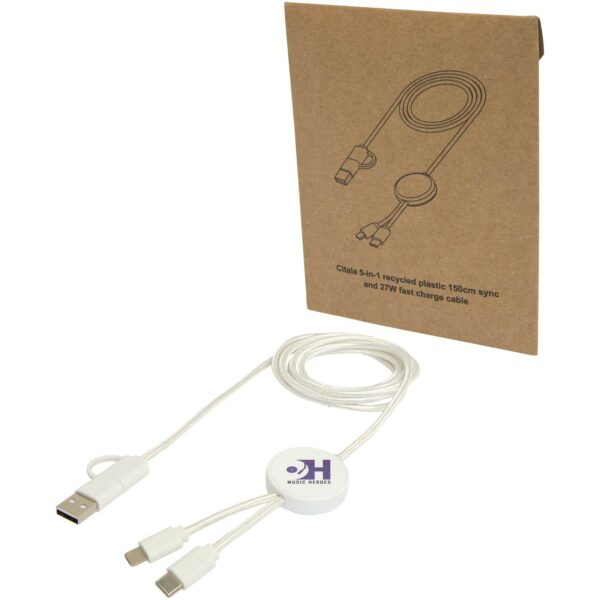 Citala 5-in-1 recycled plastic 150 cm data sync and 27W fast charge cable – White with logo