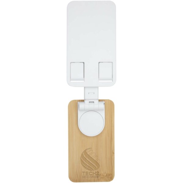 Alfirk recycled plastic foldeable desk phone stand with bamboo details – White with logo