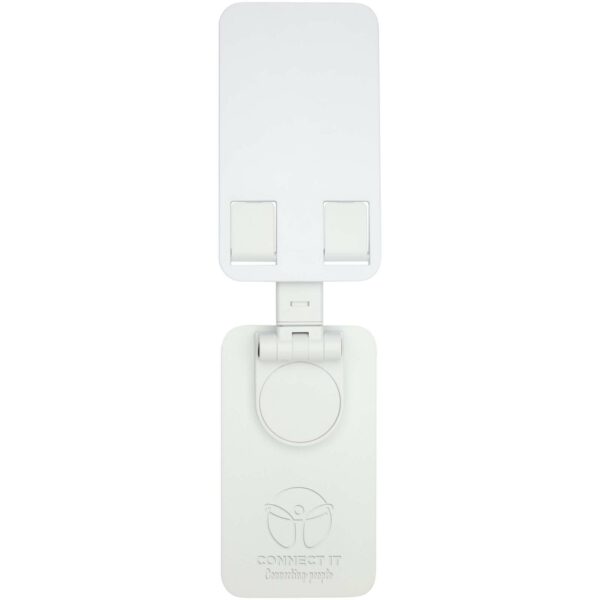 Alhena recycled plastic foldeable phone holder with metal desk stand – White with logo