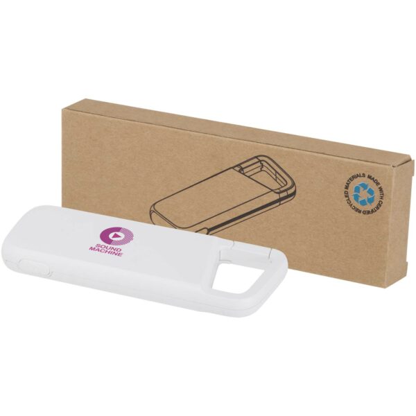 Alkes 5000 mAh 12W recycled plastic water resistant power bank with carabiner – White with logo