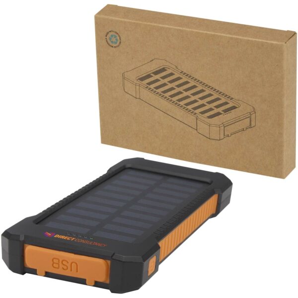 Altair 5000 mAh 10W recycled plastic rugged solar power bank with built-in torch – Solid black with logo