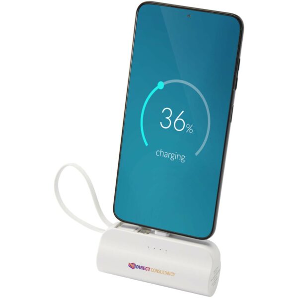 Alnair 5000 mAh 10W recycled plastic Type-C power bank with built-in flip stand and 2-in-1 cable – White with logo