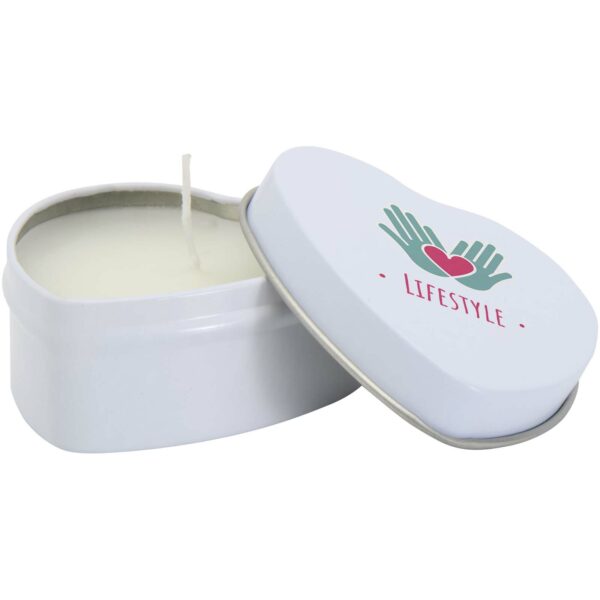 Blissful heart-shaped tin candle with vanilla aroma – White with logo