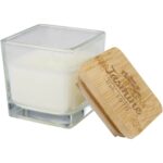 Ambra square glass candle with bamboo lid – White with logo